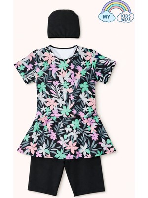 My Kids Wear Kız Çocuk Desenli Şortlu Bone’li Mayo Takımı 12572