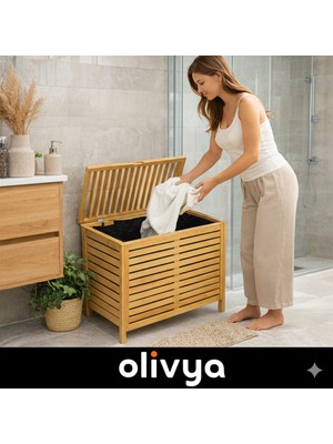 Olivya Bambu Kirli Sepeti 60 Litre - Kapaklı, Yıkanabilir Iç Hazneli, Modern Tasarım, Doğal Bambu Çamaşır Sepeti