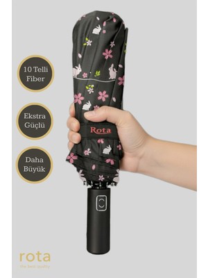 Normadia 10 Tellilik Fiber Otomatik Açılır Şemsiye, Çiçekli ve Tavşanlı Desenli