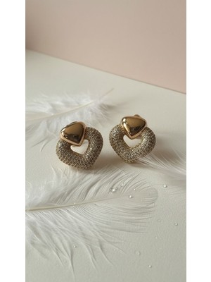 Solène Lora Zirkon Taşlı Kalp Tasarım Rose Gold Çelik Küpe