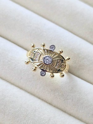 Diva Viva - Antik Güneş Sembollü Zirkon Taşlı Ayarlanabilir Yüzük (KOD-443)