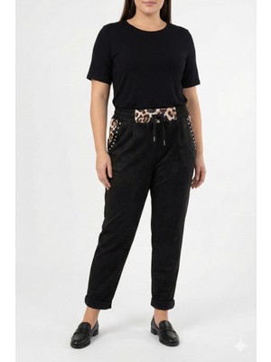 Della Moor Siyah Kadın Italyan Süet Pantolon Leopar Desenli Cebi Taşlı Likralı Geniş Kalıp Lastikli Bel