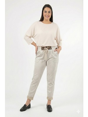 Della Moor Beyaz Kadın Italyan Süet Pantolon Leopar Desenli Cebi Taşlı Likralı Geniş Kalıp Lastikli Bel