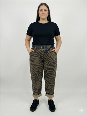 Della Moor Kadın Açık Kahverengi Italyan Zebra Desen Bol Kesim Geniş Basen Havuç/şalvar Kalıp Esnek Pantolon