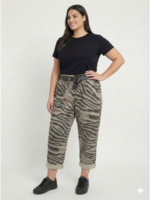 Della Moor Vizon Kadın Italyan Zebra Desen Bol Kesim Geniş Basen Havuç/şalvar Kalıp Esnek Pantolon