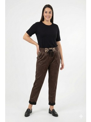 Della Moor Kahverengi Kadın Italyan Süet Pantolon Leopar Desenli Cebi Taşlı Likralı Geniş Kalıp Lastikli Bel