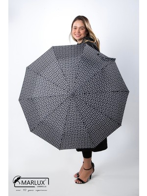 Normadia Siyah Beyaz Dört Yaprak Yonca Desenli Tam Otomatik Rüzgar Dayanıklı Şemsiye