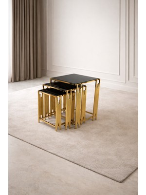 Çelsan Kare Evol 3’lü Gold Zigon Sehpa – Siyah Camlı Çubuklu Metal Tasarım | Lüks & Yerli Üretim