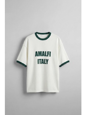 Abluka Online Erkek Oversize Şehir Serisi Kontrast Yaka T-Shirt Ekru / Yeşil