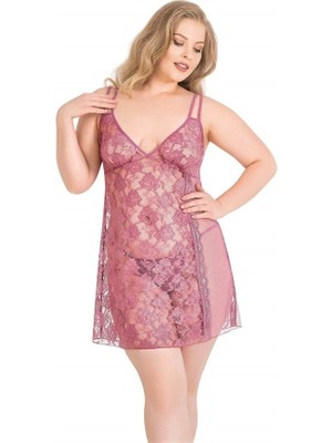 Letsii Büyük Kısa Tül Gecelik Takımı Gül Kurusu Renk