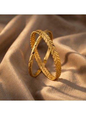 Ferizz Altın Kaplama Başak Burma Bilezik ve 5 mm Yan Çizgili Bilezik Kombin BND-139