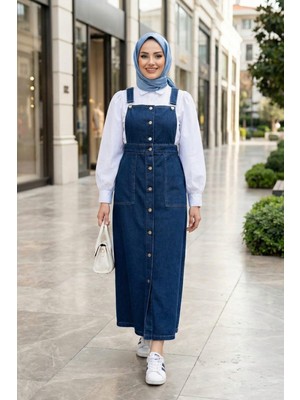 Kadın Ayarlanabilir Askılı Düğmeli Cepli Lacivert Kot Salopet