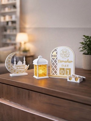 Home Ramazan Takvimi, Mini Ramazan Feneri, Ay Figürü Üçlü Dekoratif Set (Led Mum Dahil)
