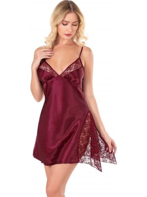 Letsii Kısa Saten Gecelik Tek Parça Modern Kesim Bordo Renk