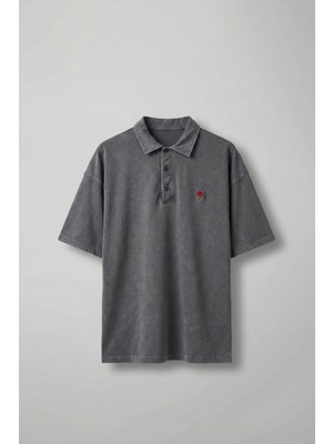 Abluka Online Erkek Oversize Yıkamalı Gül Nakışlı Polo Yaka T-Shirt Füme