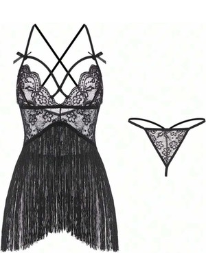 Dosesa Kadın Siyah Dantel Püsküllü Mini Gecelik