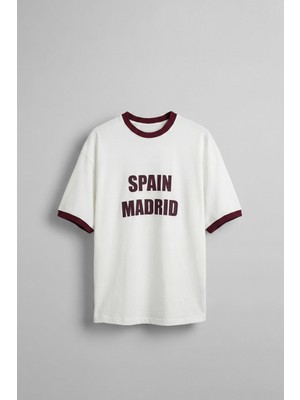 Abluka Online Erkek Oversize Şehir Serisi Kontrast Yaka T-Shirt Ekru / Mürdüm