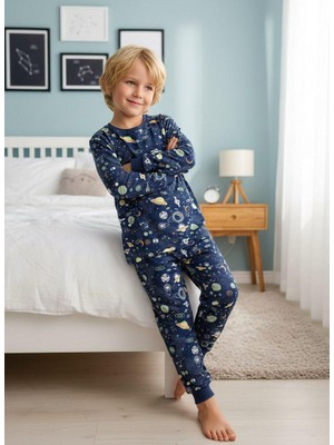 Yağmur Giyim Isob Lacivert Uzay Desenli %100 Pamuk Erkek Çocuk Pijama Takımı 3-8 Yaş 51320