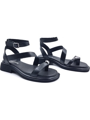 Bulldozer B261802 Hakiki Deri Kadın Konfor Siyah Renk Parmak Arası Gladyatör Sandalet