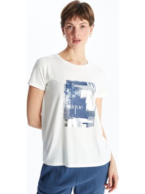 Lc Waikiki Yeni Sezon Bisiklet Yaka Baskılı Kadın Tişört