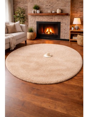 Tavşan Tüyü Peluş Halı Kaymaz Taban Yumuşak Dokulu Salon Yatak Odası Halısı Yuvarlak Bej