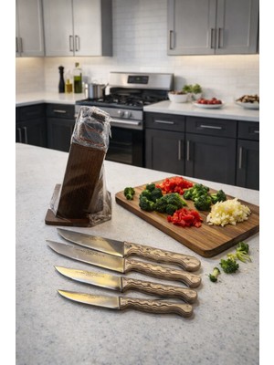 Seymen Bıçakçılık Sürmene Hakiki El Dövmesi 4’lü Bıçak Seti – Ahşap Saklama Kütüklü – Ömür Boyu Garantili