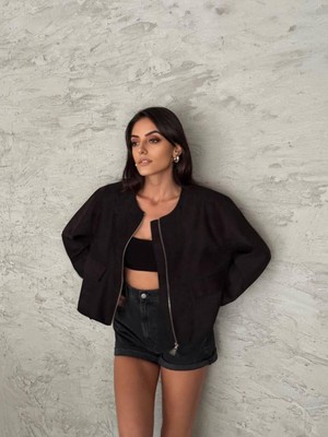 Thiff Önü Fermuarlı Süet Kısa Kadın Ceket Mont