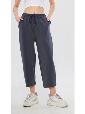 Thiff Antrasit Ultra Yumuşak, Dikiş Detaylı Havuç Kesim Bağcıklı Lastikli Bilek Boy Kadın Modal Pantolon