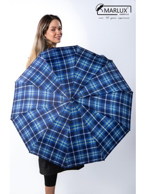 Normadia Lacivert ve Mavi Ekose Desenli Tam Otomatik Rüzgar Dayanıklı Şemsiye