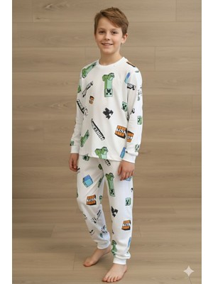 Yağmur Giyim Isob Ekru Minec Desenli %100 Pamuk Erkek Çocuk Pijama Takımı 8-13 Yaş 51531