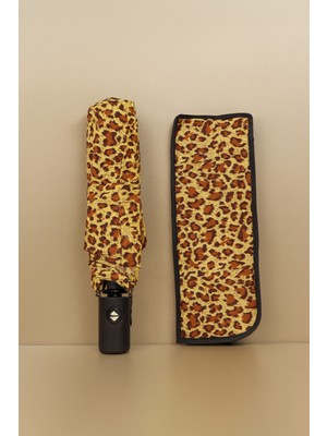 Normadia Kadın Leopar Desenli Fiber Tel Kılıflı Otomatik Şemsiye, Şık ve Dayanıklı