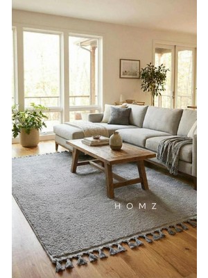 Homz Puffy Peluş Tüylü Kaymaz Taban Yumuşak Kesme Yolluk Halı - Beyaz