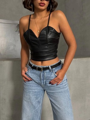 Zengezur Mall Storozde Ip Askılı Yandan Fermuarlı Rastale Deri Crop Siyah S24113 (Beden: S)