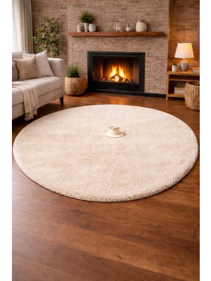 Homz Tavşan Tüyü Peluş Halı Kaymaz Taban Yumuşak Dokulu Salon Yatak Odası Halısı Yuvarlak Bej