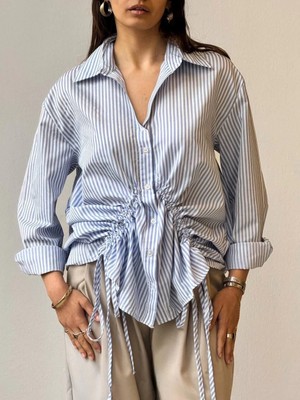 Zengezur Mall Storozde Önü Büzgü Detaylı Çizgili Gömlek Mavi (Beden: S)