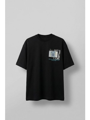 Abluka Online Erkek Oversize Nakış Detaylı Anadolu Motifi T-Shirt Siyah