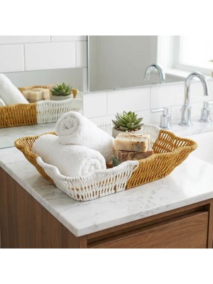 Argesco Mühendislik Argesco® Dikdörtgen Çift Renkli Plastik Rattan Ekmek ve Meyve Sepeti - Çok Amaçlı Banyo ve Mutfak Düzenleyici - Yıkanabilir Tezgâh Üstü Organizer
