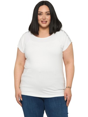 Disentis Modest Büyük Beden Düşük Kısa Kollu Omuzda Şerit Desenli Ekru Bluz