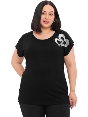 Disentis Modest Büyük Beden Düşük Kısa Kollu Omuzda Kalp Desenli Siyah Bluz