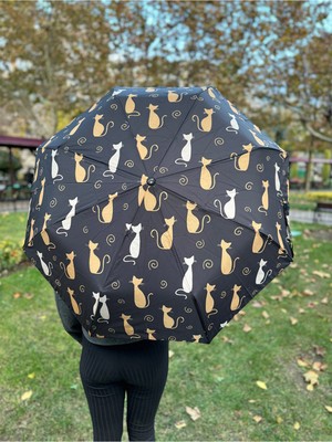 Normadia Rüzgarlı Hava Için 8 Telli Tam Otomatik Kedi Desenli Şemsiye