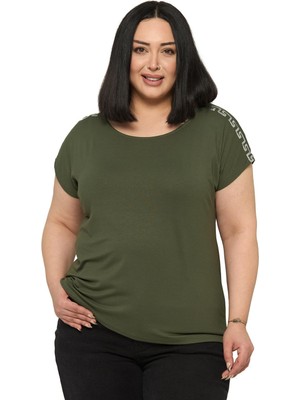 Disentis Modest Büyük Beden Düşük Kısa Kollu Omuzda Şerit Desenli Haki Bluz