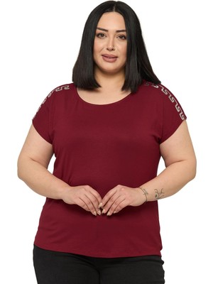 Disentis Modest Büyük Beden Düşük Kısa Kollu Omuzda Şerit Desenli Bordo Bluz