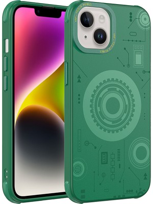 Büşra Ayhan Apple iPhone 14 Plus Kılıf Bsay Wireless Şarj Özellikli Desenli Hot Kapak-Koyu Yeşil