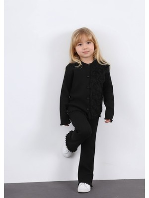 Aden Kız Çocuk Tül Gül Aplikeli Triko Hırka Ikili Takım