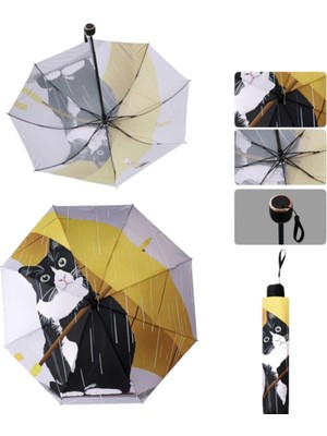 Normadia Renkli Kedi Desenli 8 Telli 3D Manuel Rüzgar Dayanıklı Şemsiye