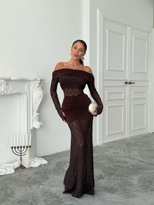 ME & ME Kahverengi Dantel Düşük Omuz Elbise