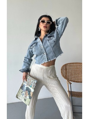 Zengezur Mall Storozde Çift Kapaklı Püsküllü Crop Buz Mavi D2002 (Beden: S)