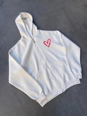 Veralya Üç Iplik Baskılı Fermuarlı Kapşonlu Hırka