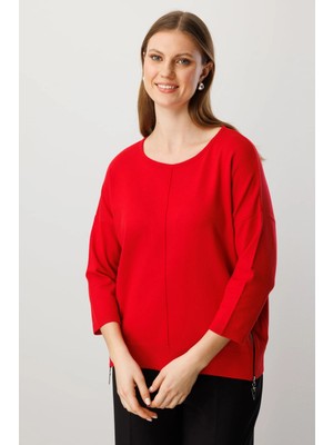 On Fashion Kadın Yanları Fermuarlı Kırmızı Bol Kazak 65389