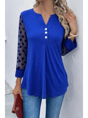 Passense Kadın Uzun Kollu Yakadan Düğmeli Kolları Tül Detaylı Viskon Bluz